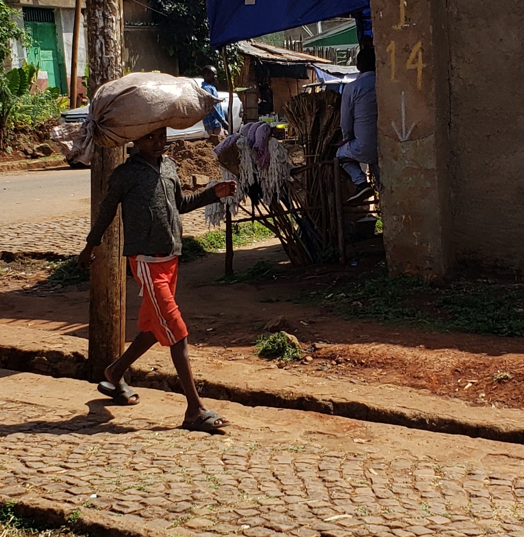 A boy walking with a sack on his head in a village
