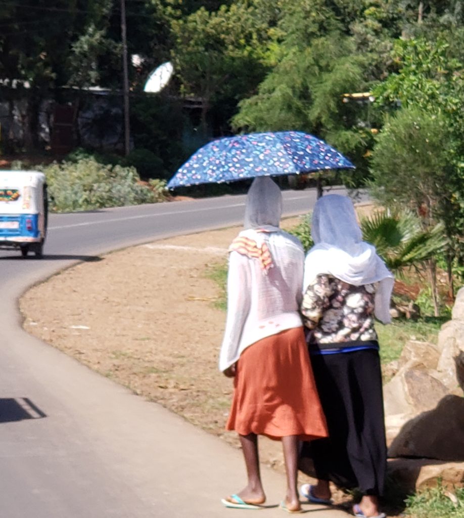 Two women walking on a road while carrying a blue and multicolored-speckle umbrella