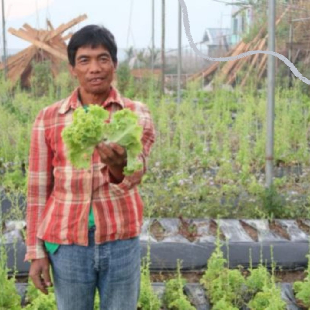 A man smiling at the camera while holding the lettuce he grew in the Philippines