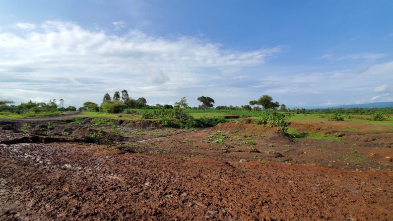 A muddy field with red dirt and a blue sky